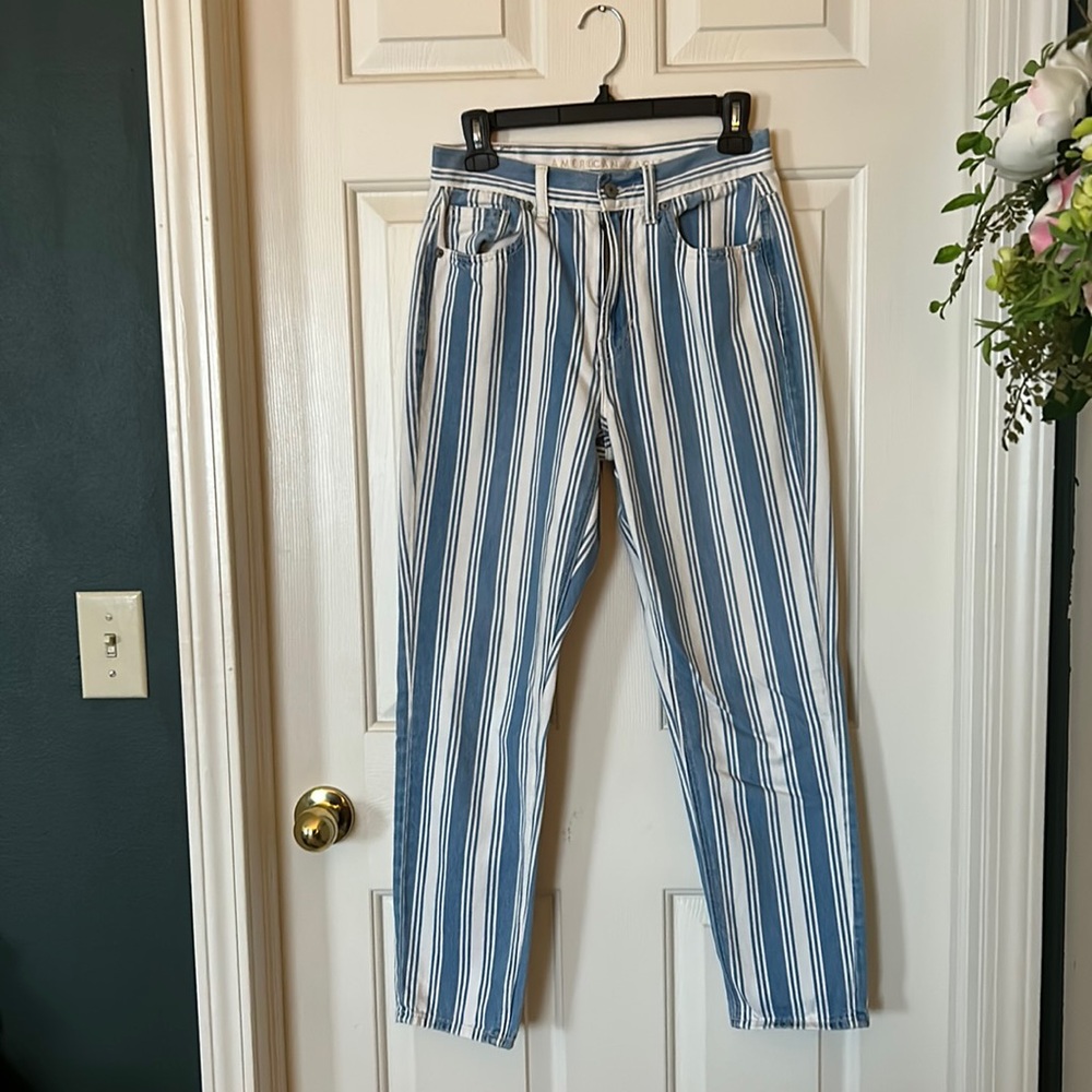 American Eagle Blue and White Striped Boyfriend Fit Jeans, Size 2